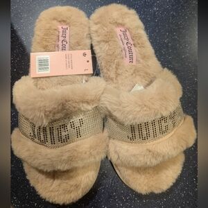 Juicy Couture Halo 3 Tan/Natural Furry Rhinestone Slippers Size L (8-9) NWT